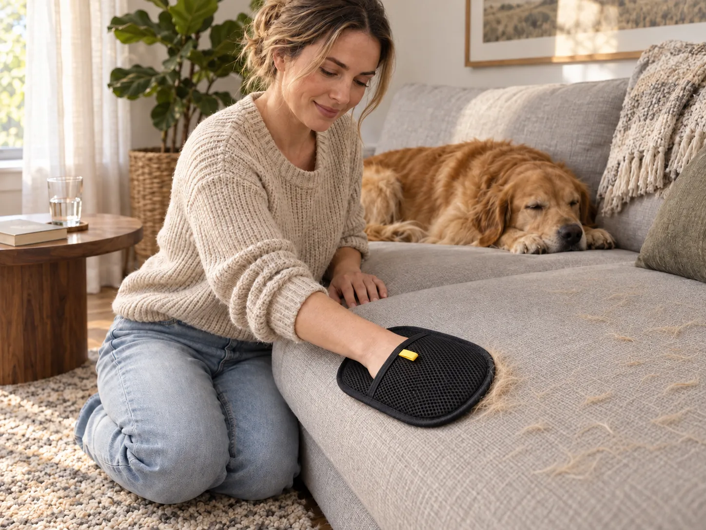 Woman using the Puravetta mitt to remove pet hair from a sofa beside a resting golden retriever