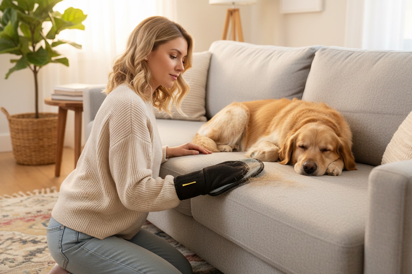 Golden retriever resting on a sofa in a bright living room